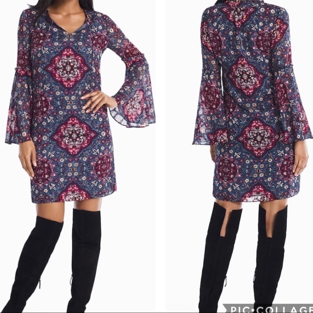 White House Black Market Shift Dress Size XS Blue Bell Sleeve Medallion Print